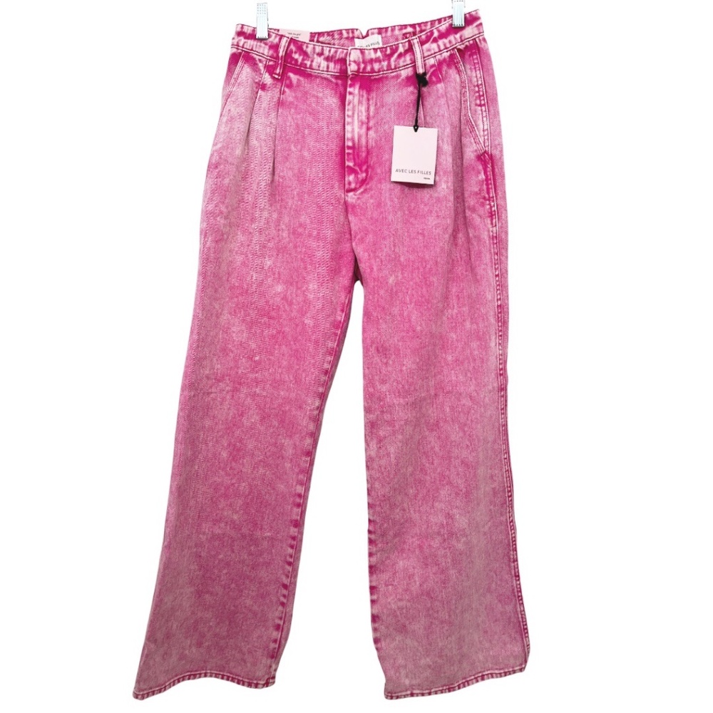 NWT Avec Les Filles Pink Acid Wash Wide Leg Pleated Denim Trouser 28
